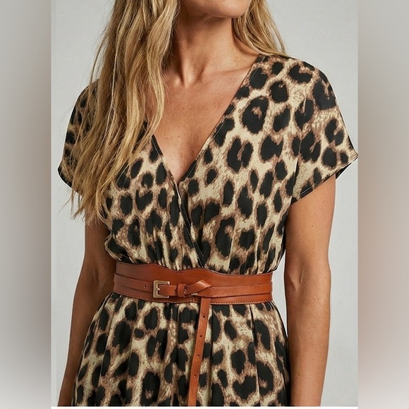 Leopard Print Deep V Bat Sleeves Dress Maxi - Picture 4 of 8